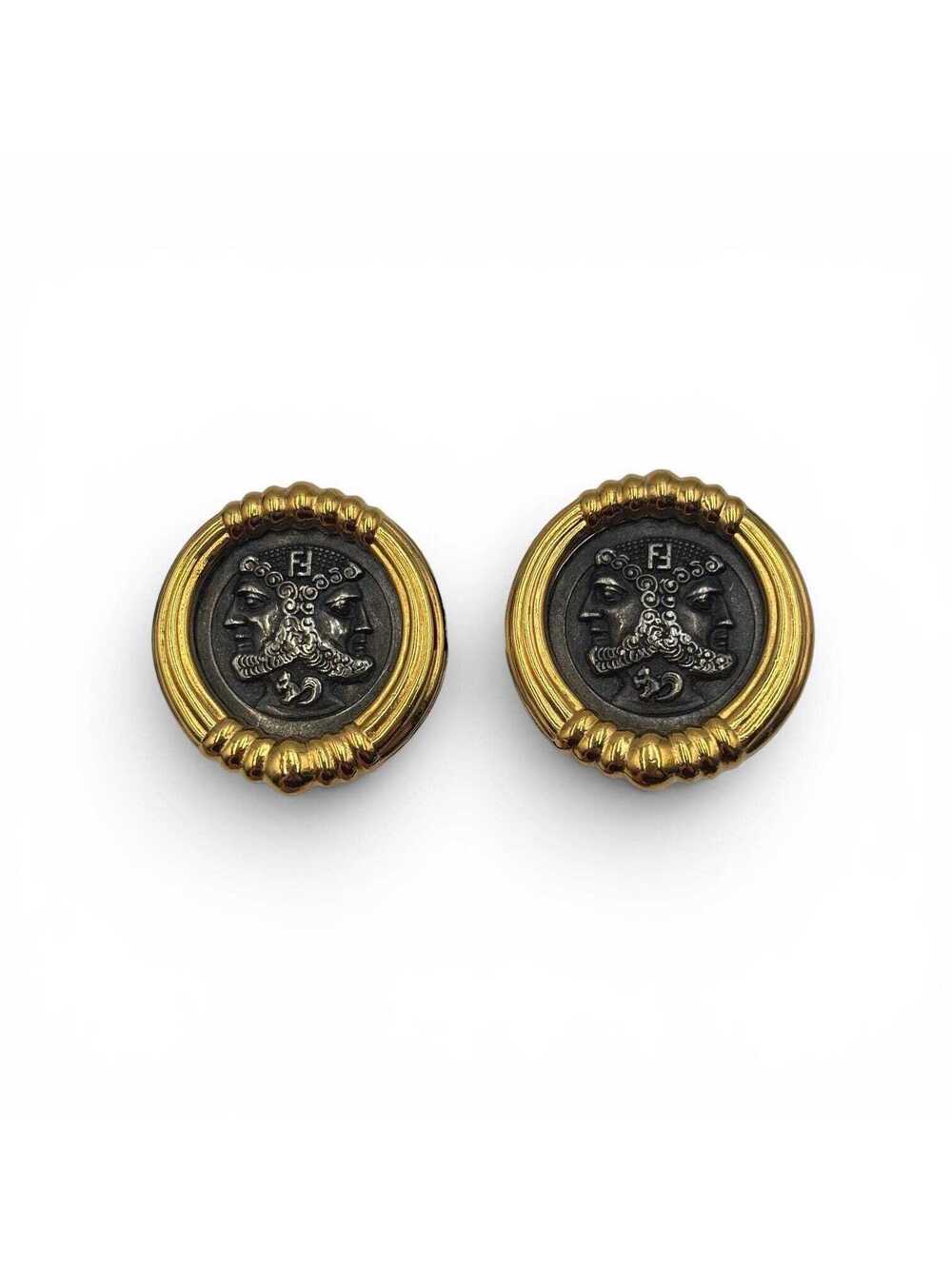 Fendi Janus Coin Clip On Earrings Gold Tone